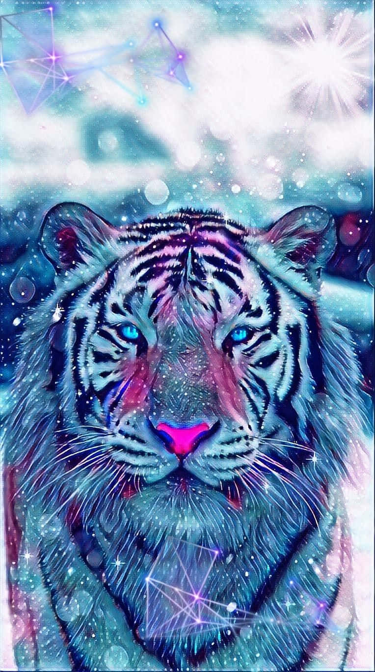 一頭白老虎，眼睛發出藍光，背景是星光燦爛的宇宙。 — 美女與野獸 GIF 壁紙