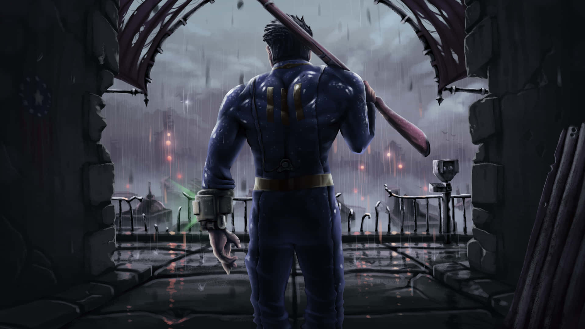 一個身穿藍色制服的男人在雨中的陽台上手持棒球棍，俯瞰著黑暗的城市。