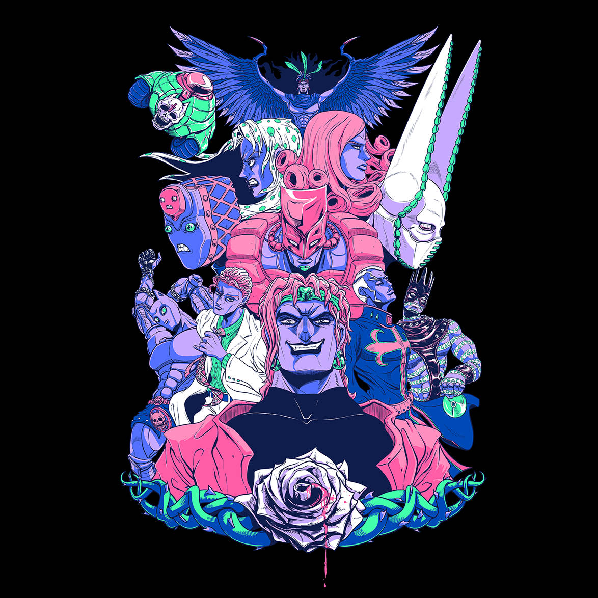 欣賞 JoJo 的時尚美學設計 壁紙 — 充滿活力的動漫角色，以鮮明的粉紅、藍色和綠色色調排列在黑色背景上的動態拼貼畫。