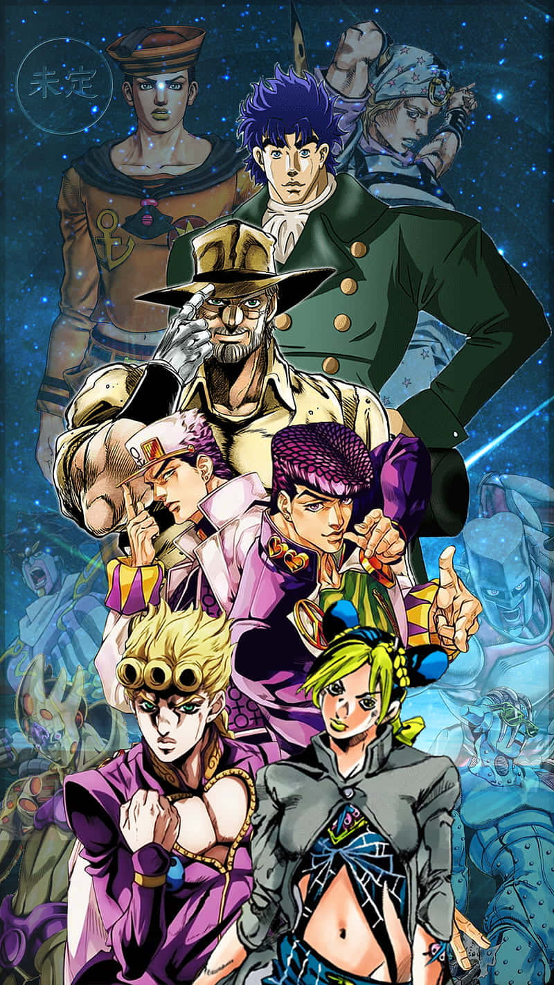 欣賞《JoJo的奇妙冒險》的多彩冒險 壁紙 — 一幅充滿動感的動漫插圖，描繪七個JoJo角色在星光燦爛的宇宙背景下英勇地擺出姿勢。