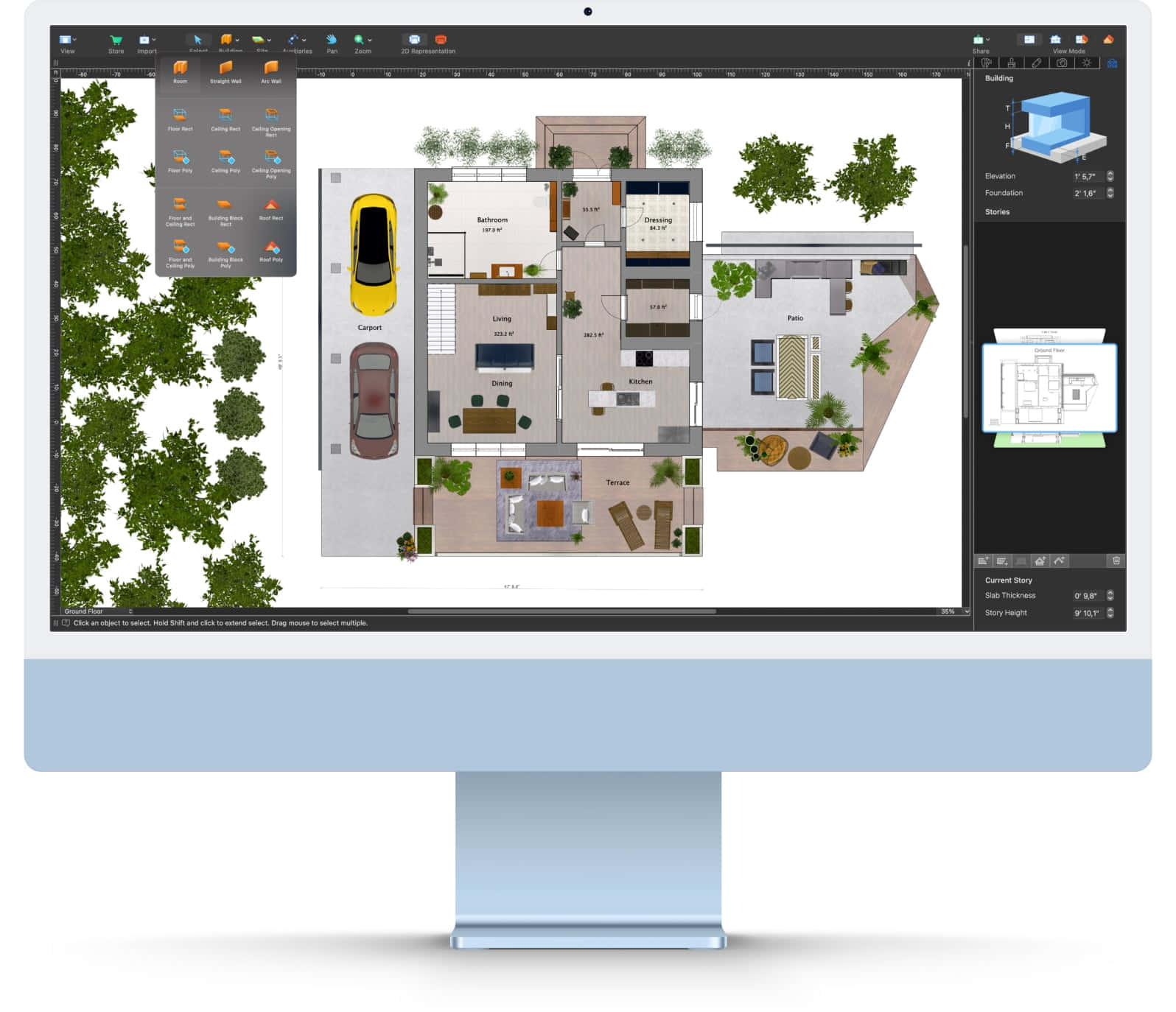 電腦屏幕顯示3D建築設計軟件，包含房屋平面圖和園林景觀。