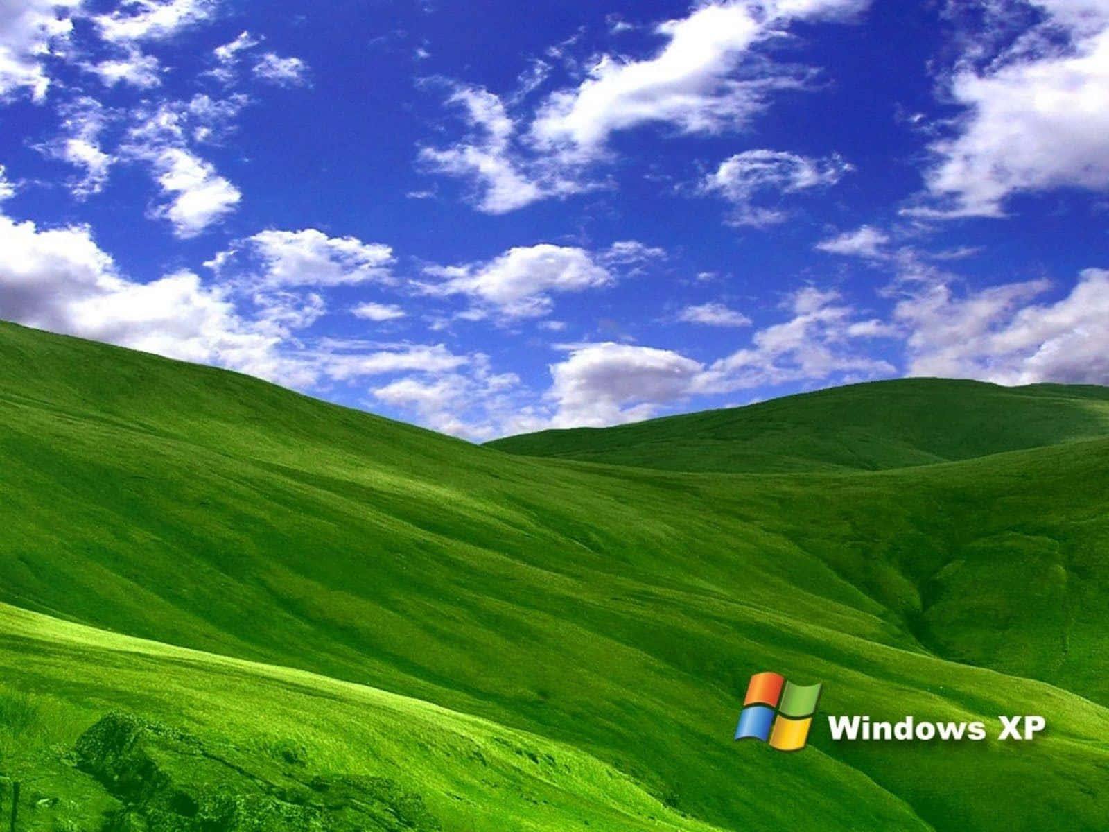 藍天下起伏的綠色山丘，有白雲和Windows XP標誌。