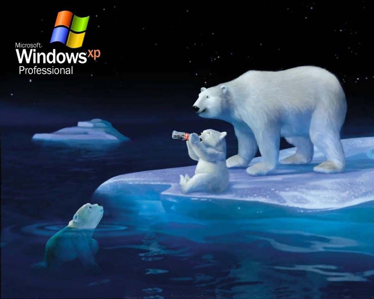 欣賞 Windows XP 的美感 壁紙 — 北極熊媽媽和幼崽在冰上，星空下，第三隻幼崽在水中，附近有Windows XP標誌。