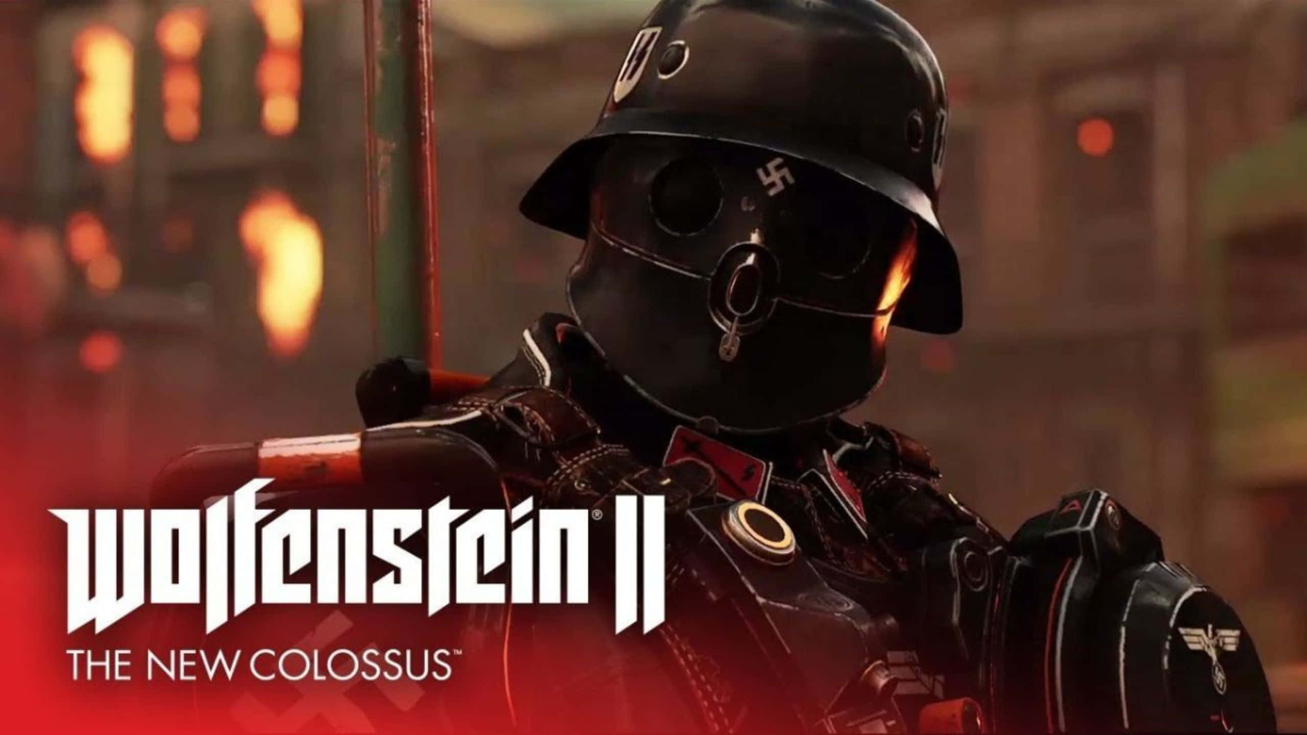 欣賞 Wolfenstein II 中哥德式華麗環境 壁紙 — 一名戴著防毒面具和頭盔的威脅性納粹士兵站在燃燒的城市廢墟中，背景是熾熱的橙色火焰。