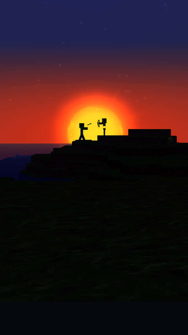 Minecraft 角色剪影映襯著海洋上的日落。