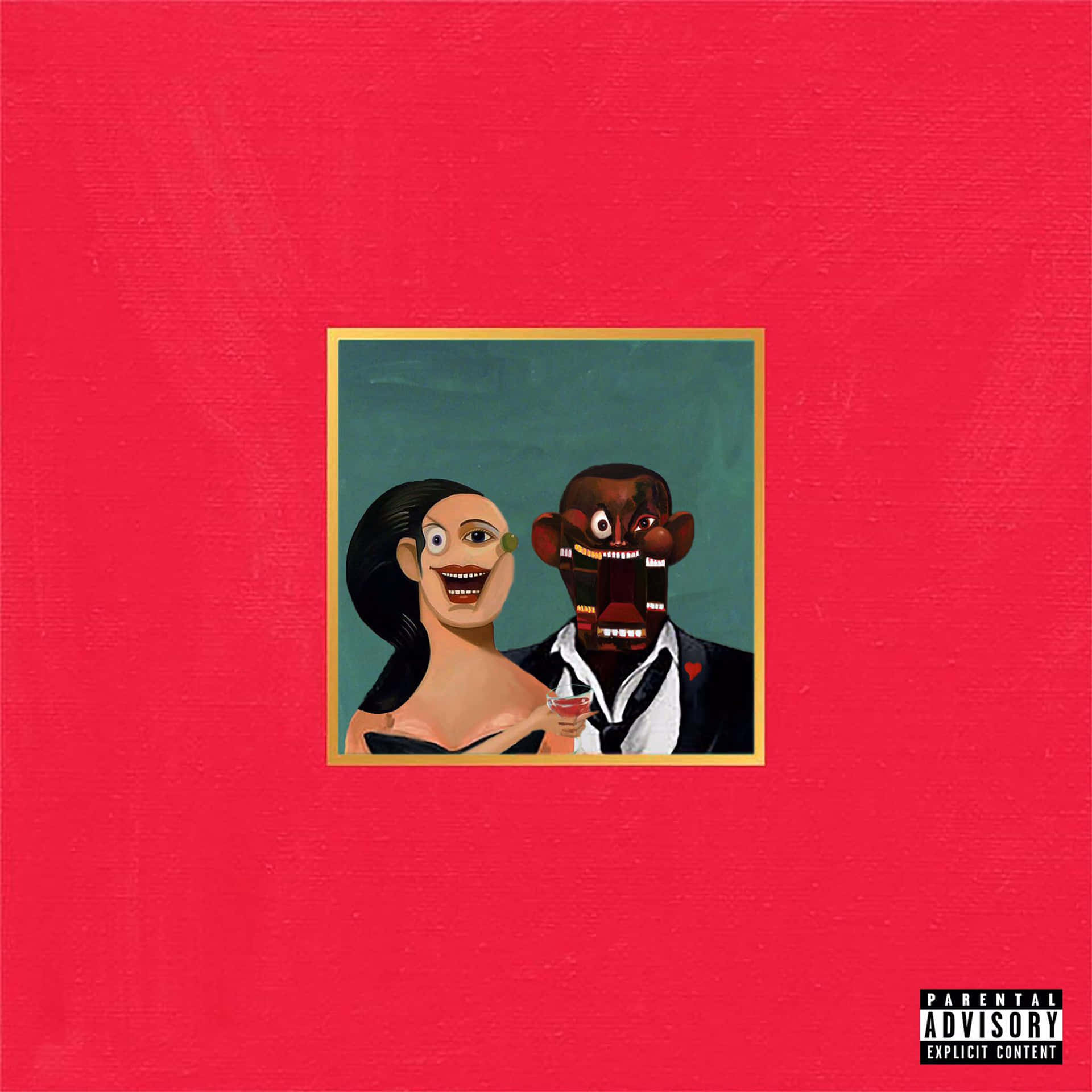超現實油畫，兩個扭曲的人物在紅色紋理背景上帶著誇張的表情。