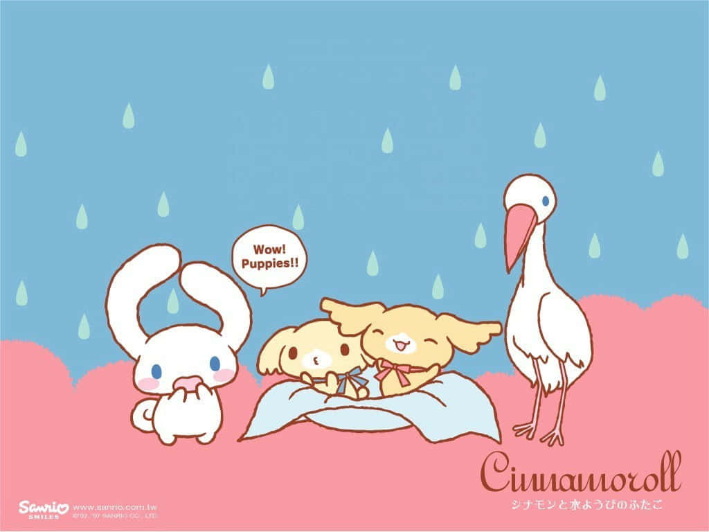 可愛的卡通角色在雨中擠在一起，旁邊有一隻驚訝的兔子和一隻鸛。