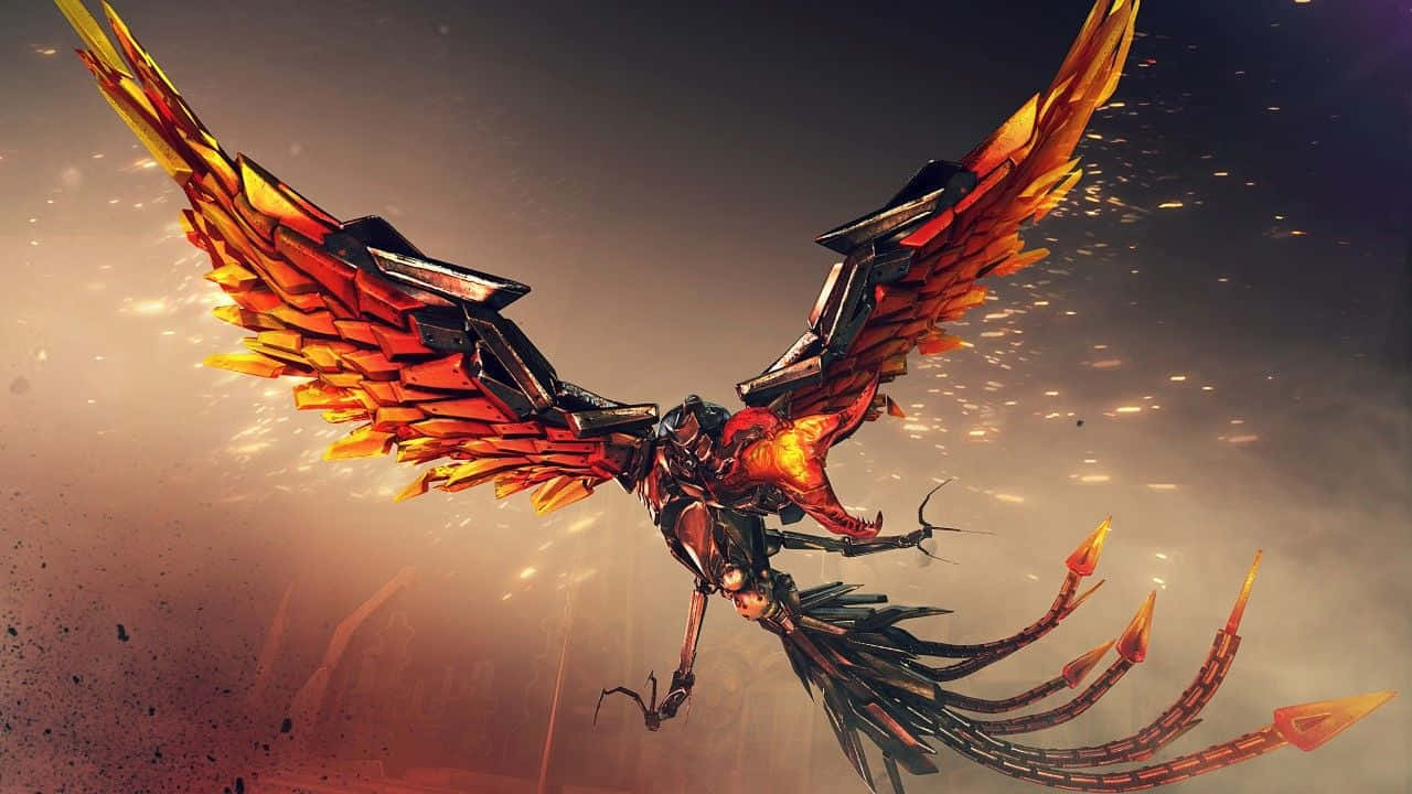 機械鳳凰帶著火焰翅膀在煙霧天空中翱翔。