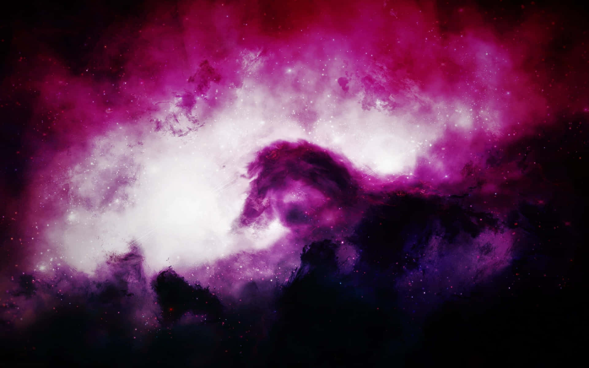 在深空中帶有散落星星的充滿活力的紫色和白色宇宙星雲。