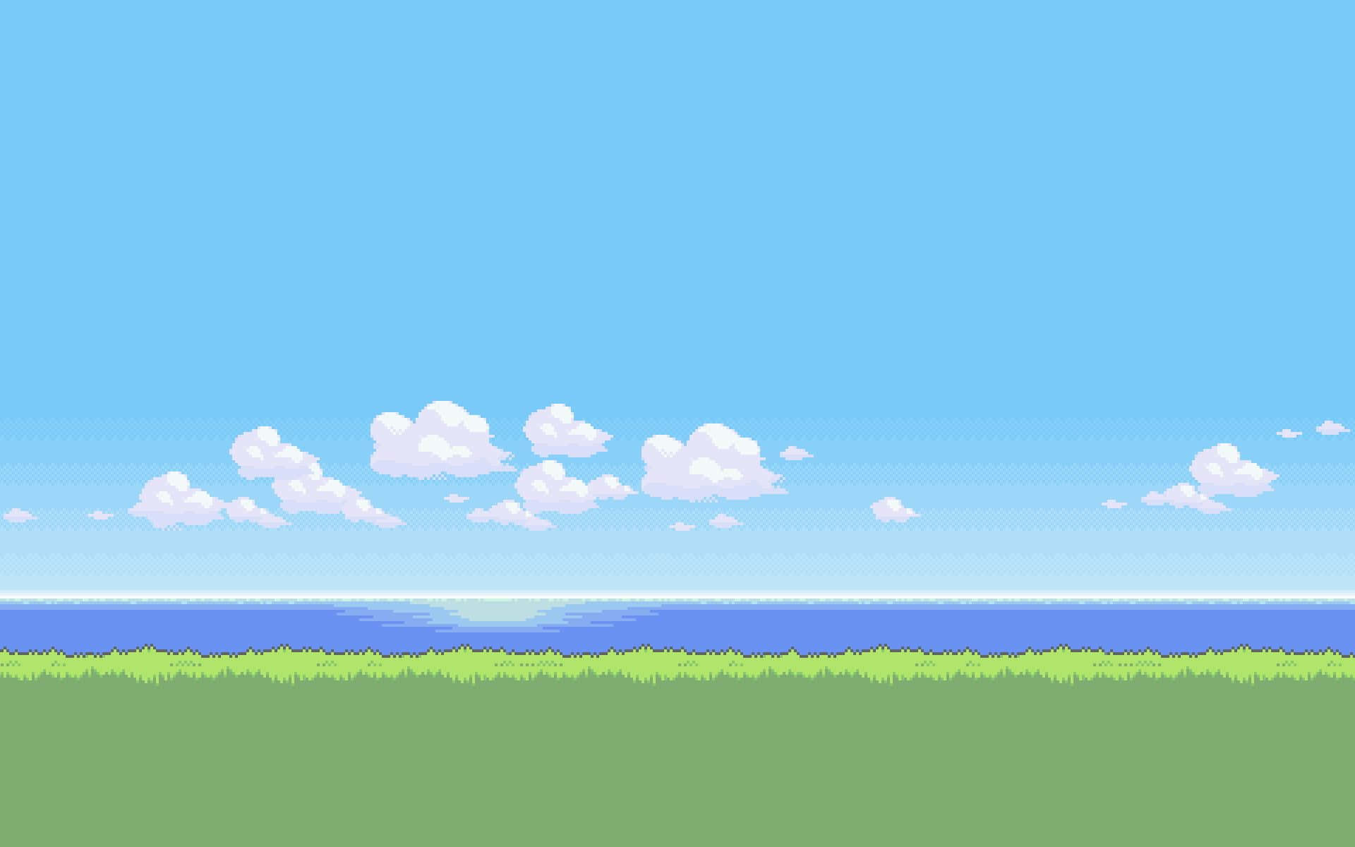 草地、海洋和天空與雲朵的像素藝術場景