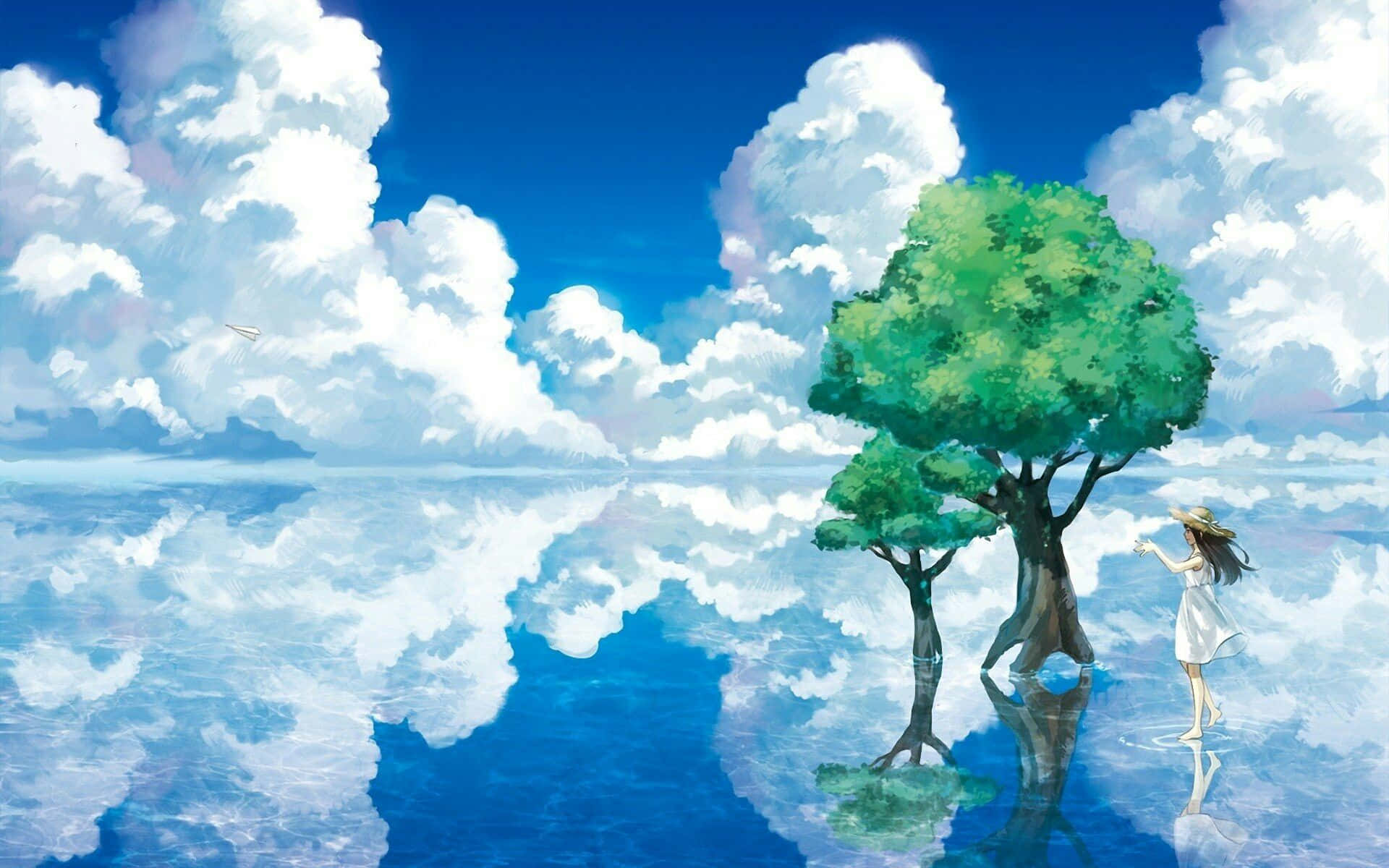 一個穿著白色連衣裙的女孩站在一棵樹旁邊，在多雲的天空下，站在反射的水面上。
