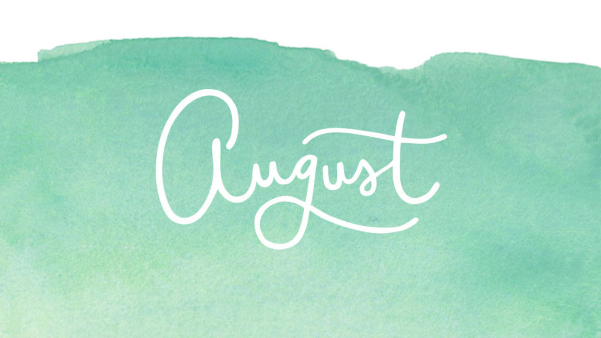August 以白色草書寫在薄荷綠色水彩背景上。
