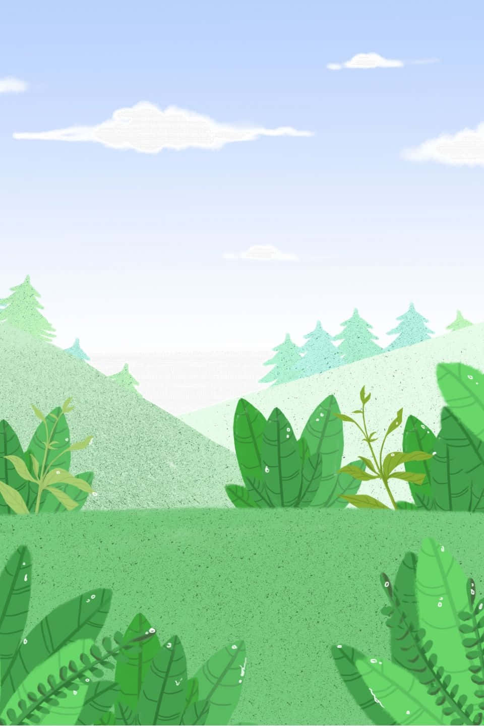欣賞卡通森林的美麗 壁紙 — 一個寧靜的插圖風景，起伏的綠色山丘點綴著松樹，前景茂密的樹葉，在柔和的藍天和縷縷白雲下。
