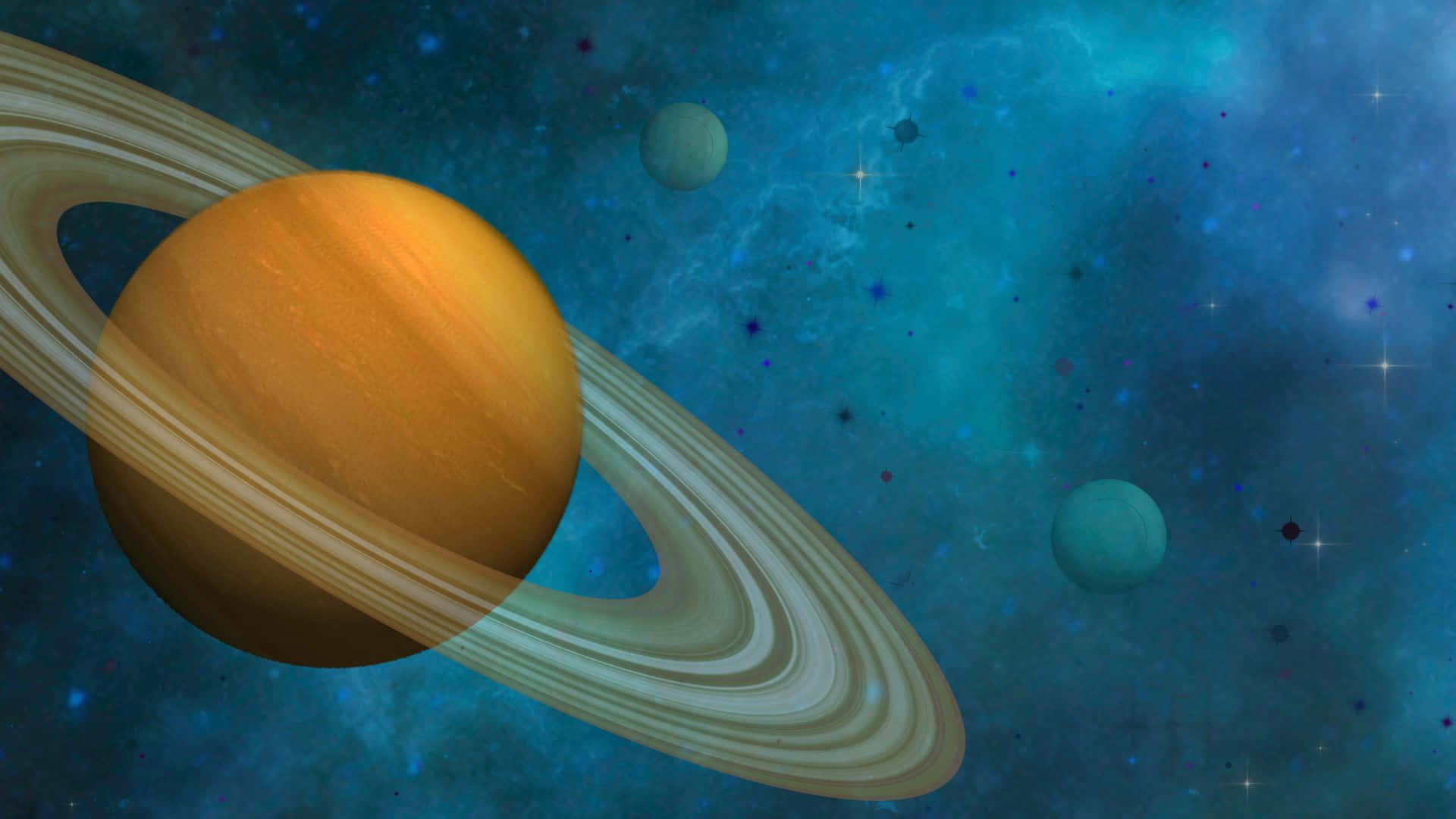 一顆帶有衛星的大型環狀行星，位於星光閃爍的藍綠色星系中。