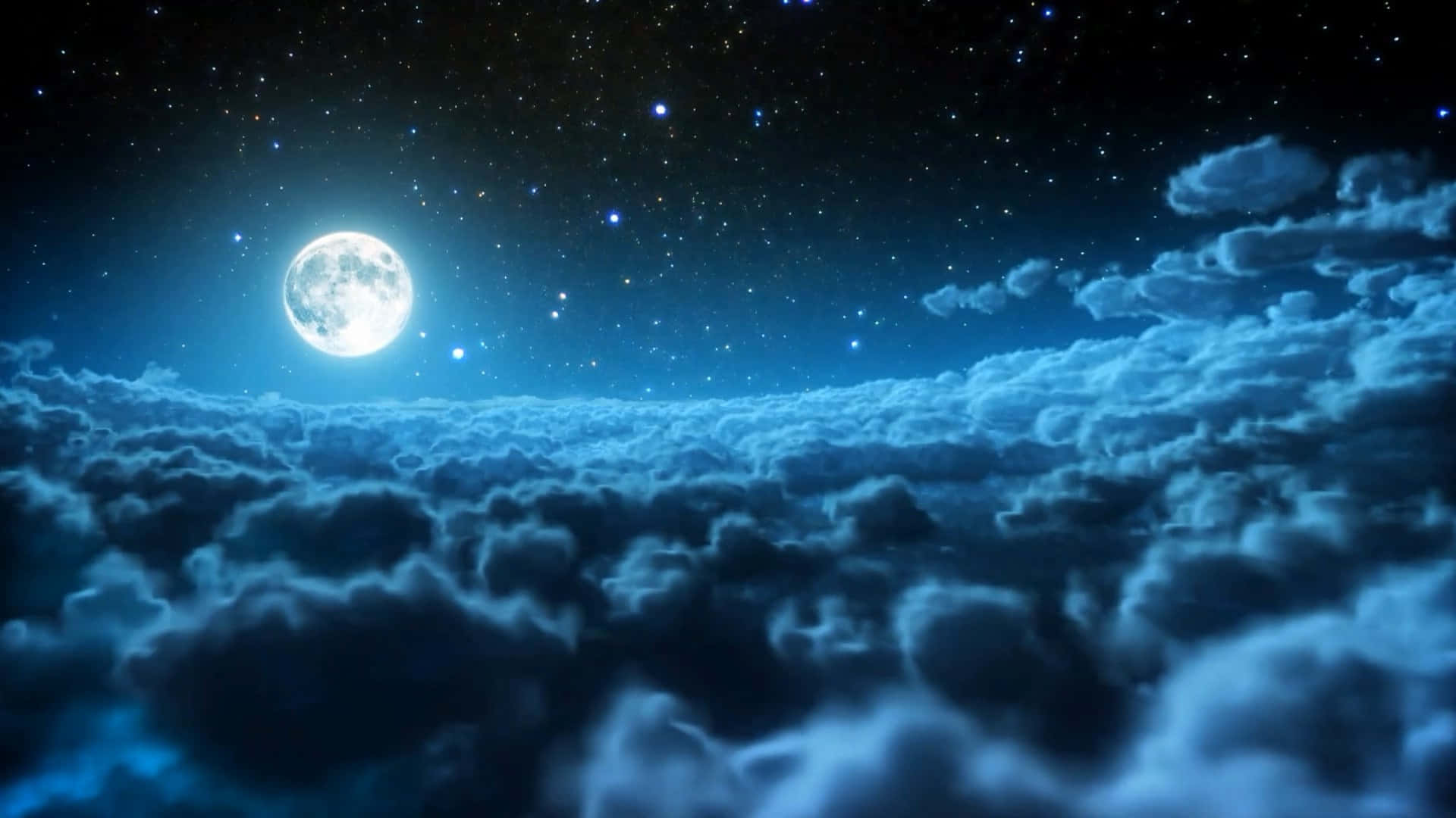 滿月在藍色雲海上空閃耀，星空點綴夜空。
