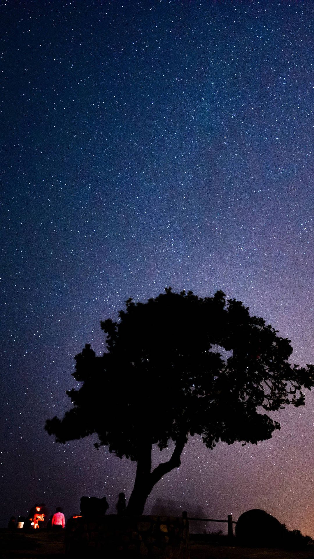 星空夜空下的樹木剪影，下方有營火和人群。