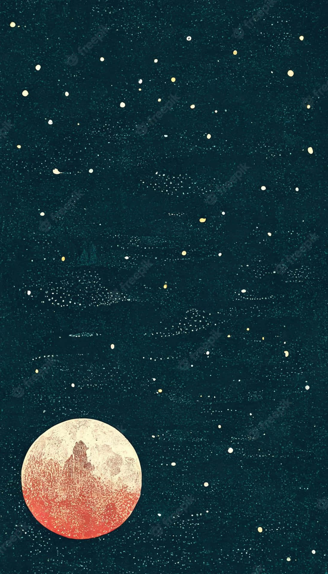 在繁星點點的藍綠色夜空中，一輪發光的紅色和奶油色月亮伴隨著柔和的雲朵。
