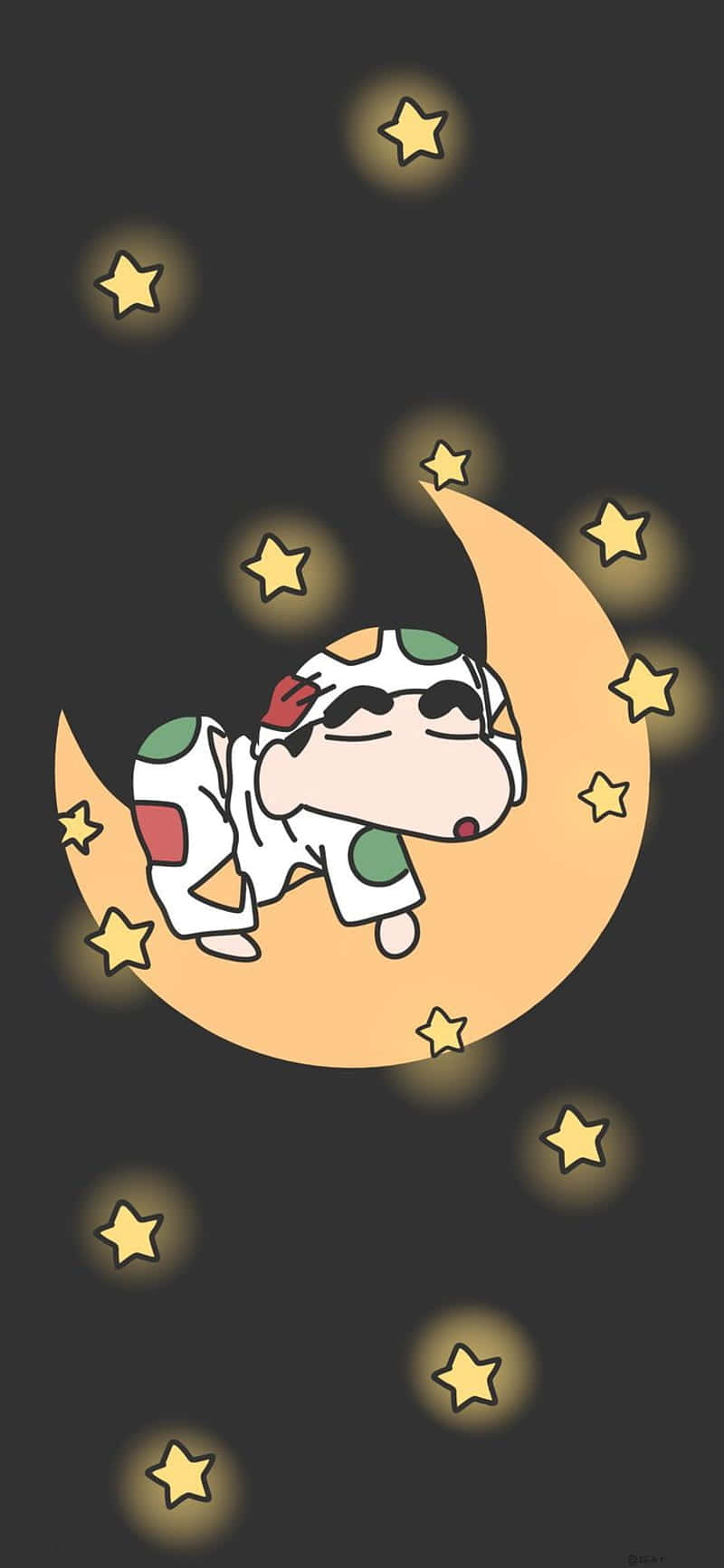 一個卡通角色在夜空中發光的星星陪伴下，在新月上睡覺。