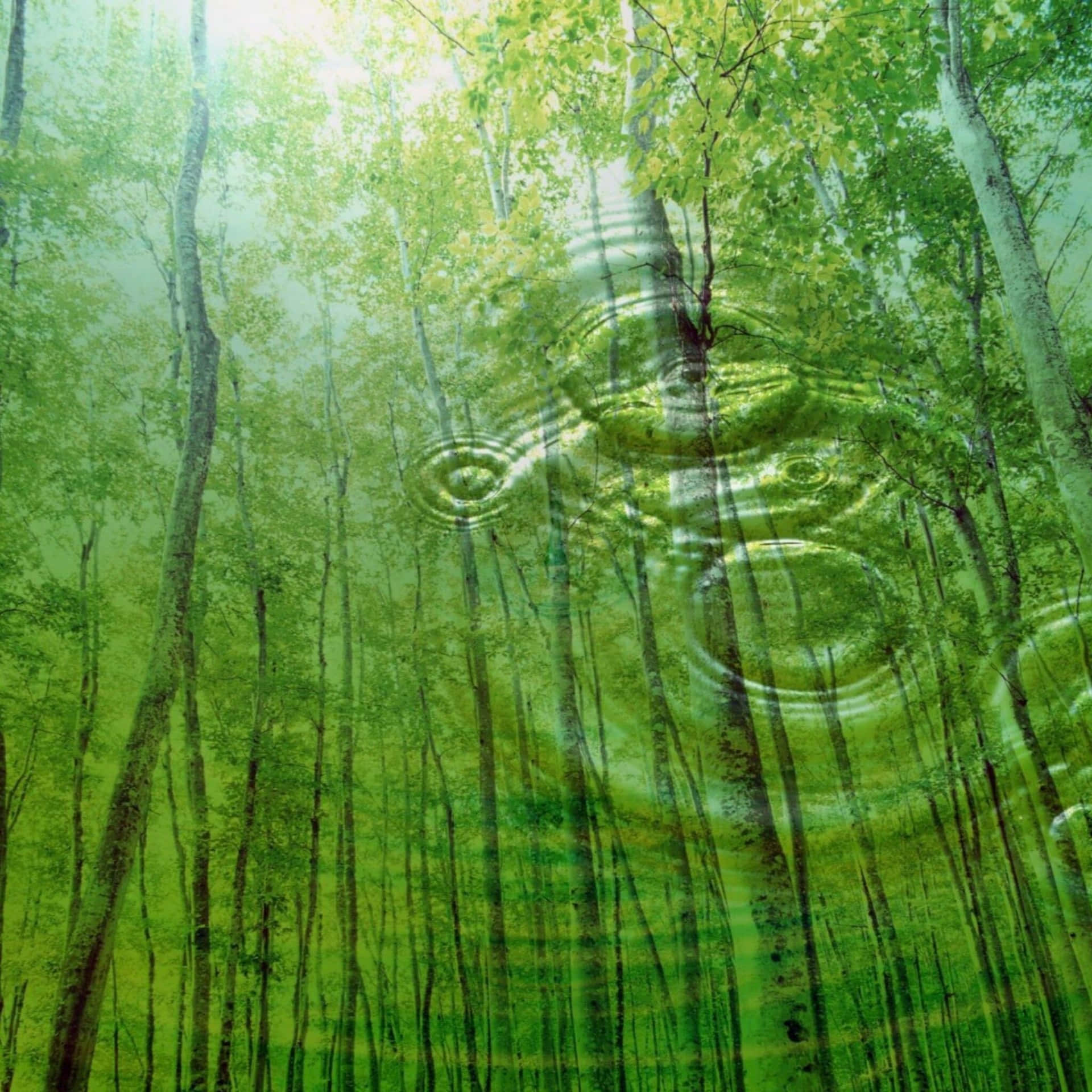 綠色森林，陽光和漣漪疊加營造出夢幻般的氛圍。