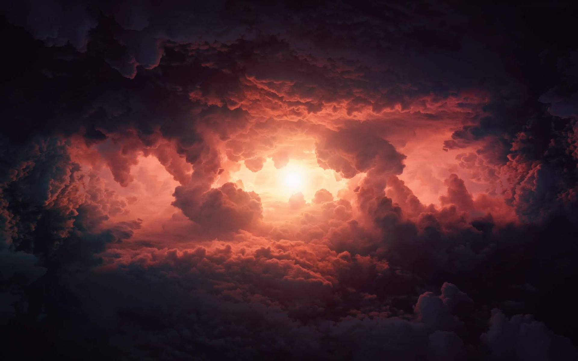 陽光穿過暴風雲，發出火紅和橙色的光芒。