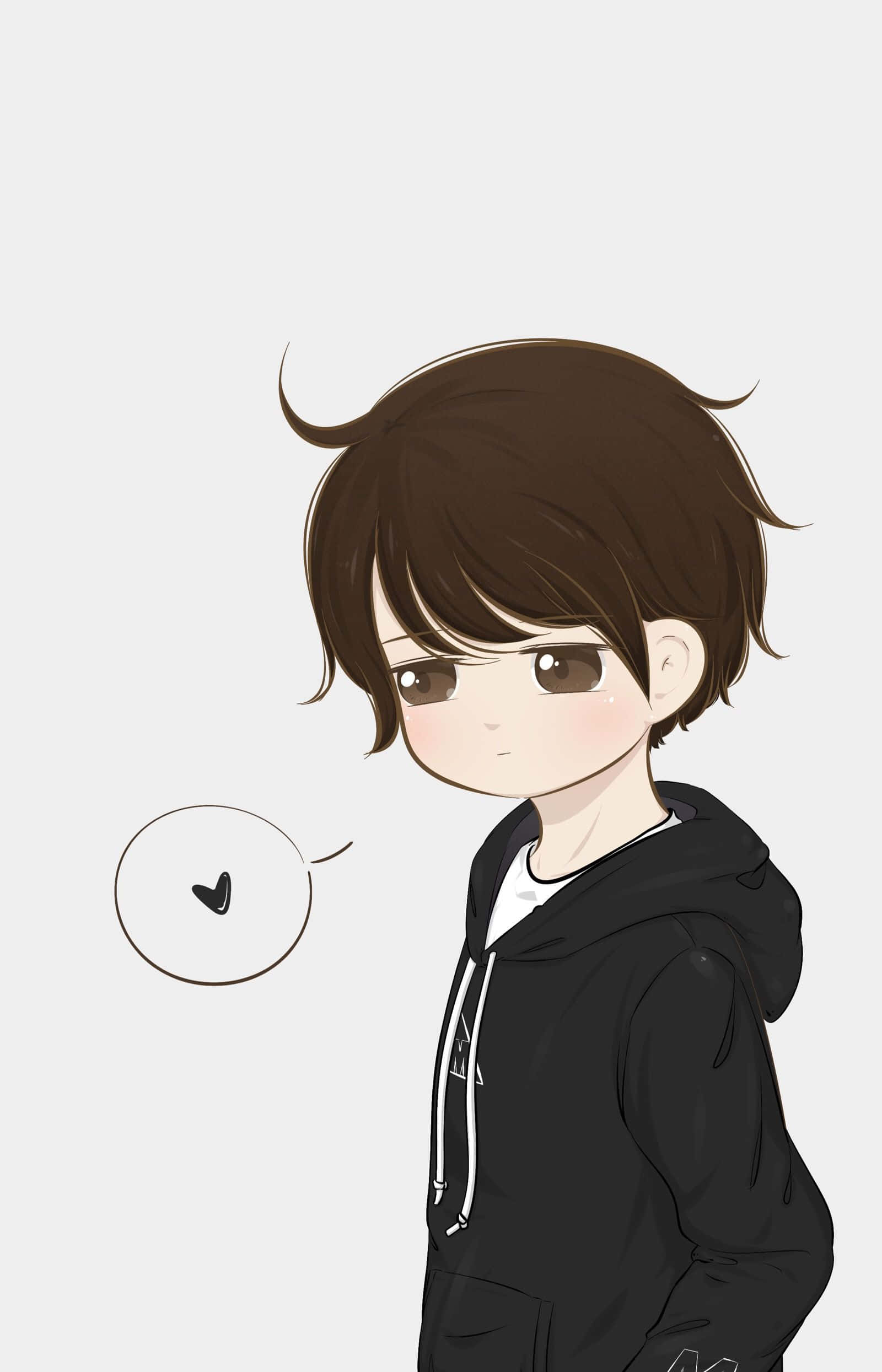 欣賞天空美景 壁紙 — 一個可愛的動漫男孩，棕色頭髮，穿著連帽衫，側身看著旁邊一個小心形對話框。