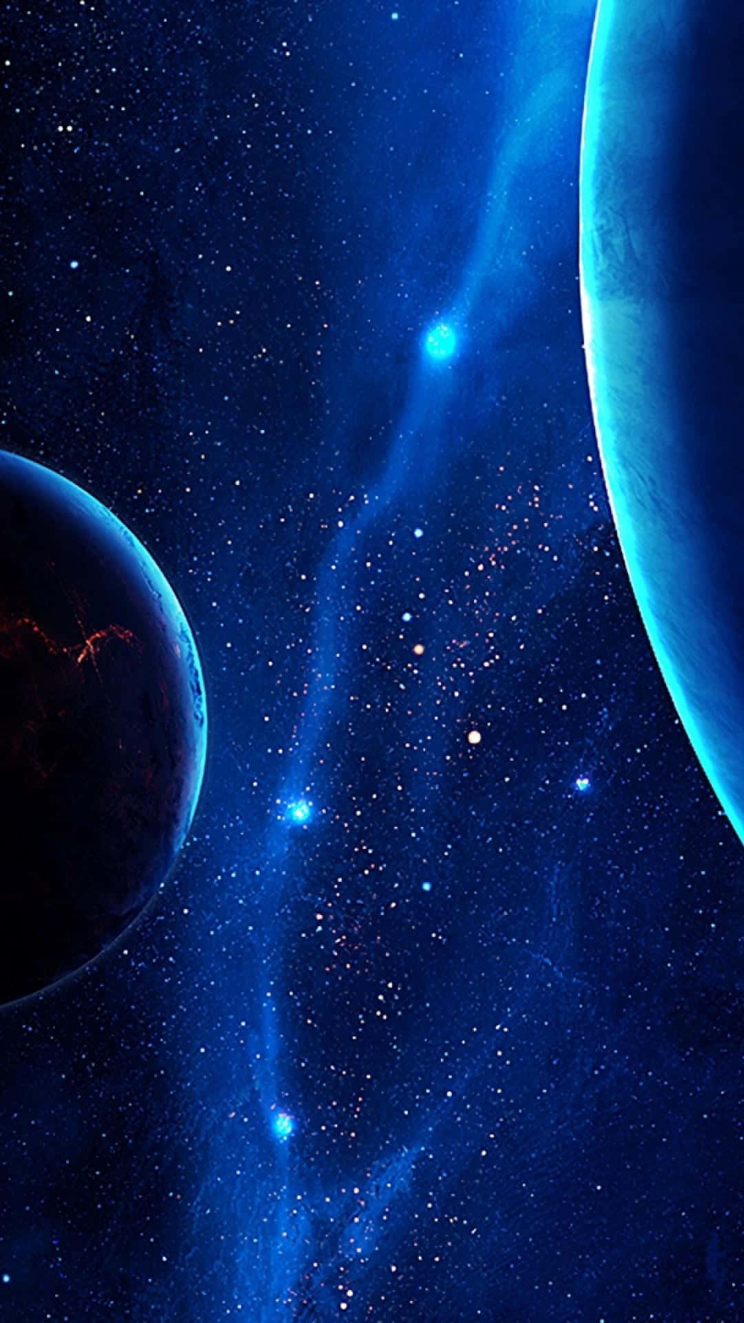 兩顆行星在深空中環繞一個發光的藍色星雲運行。