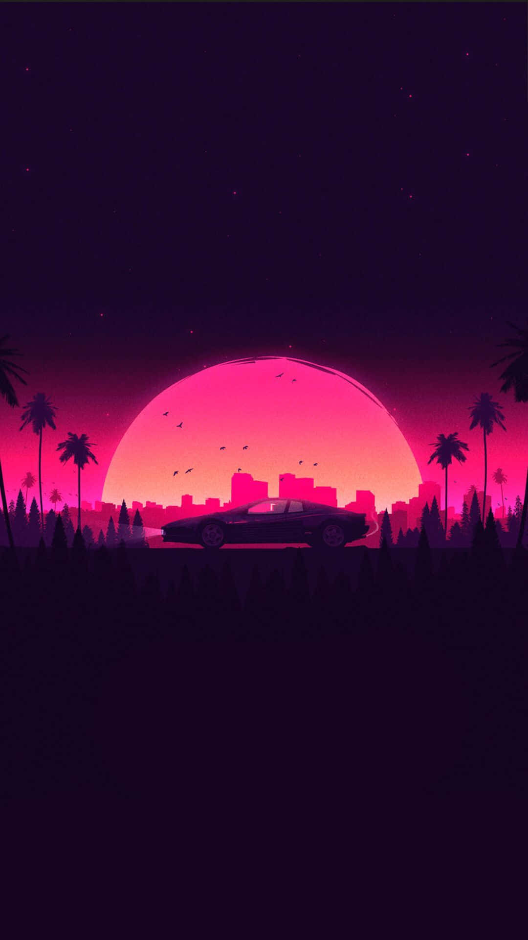 欣賞復古夕陽的美麗 壁紙 — 一輛時尚的汽車在巨大的粉紅色日落映襯下呈現剪影，背景是棕櫚樹和星星環繞的城市天際線。