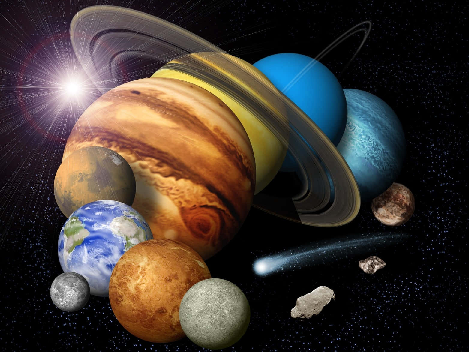 在繁星點點的天空中漂浮著色彩繽紛的行星和太空碎片，伴隨著明亮的太陽爆發。