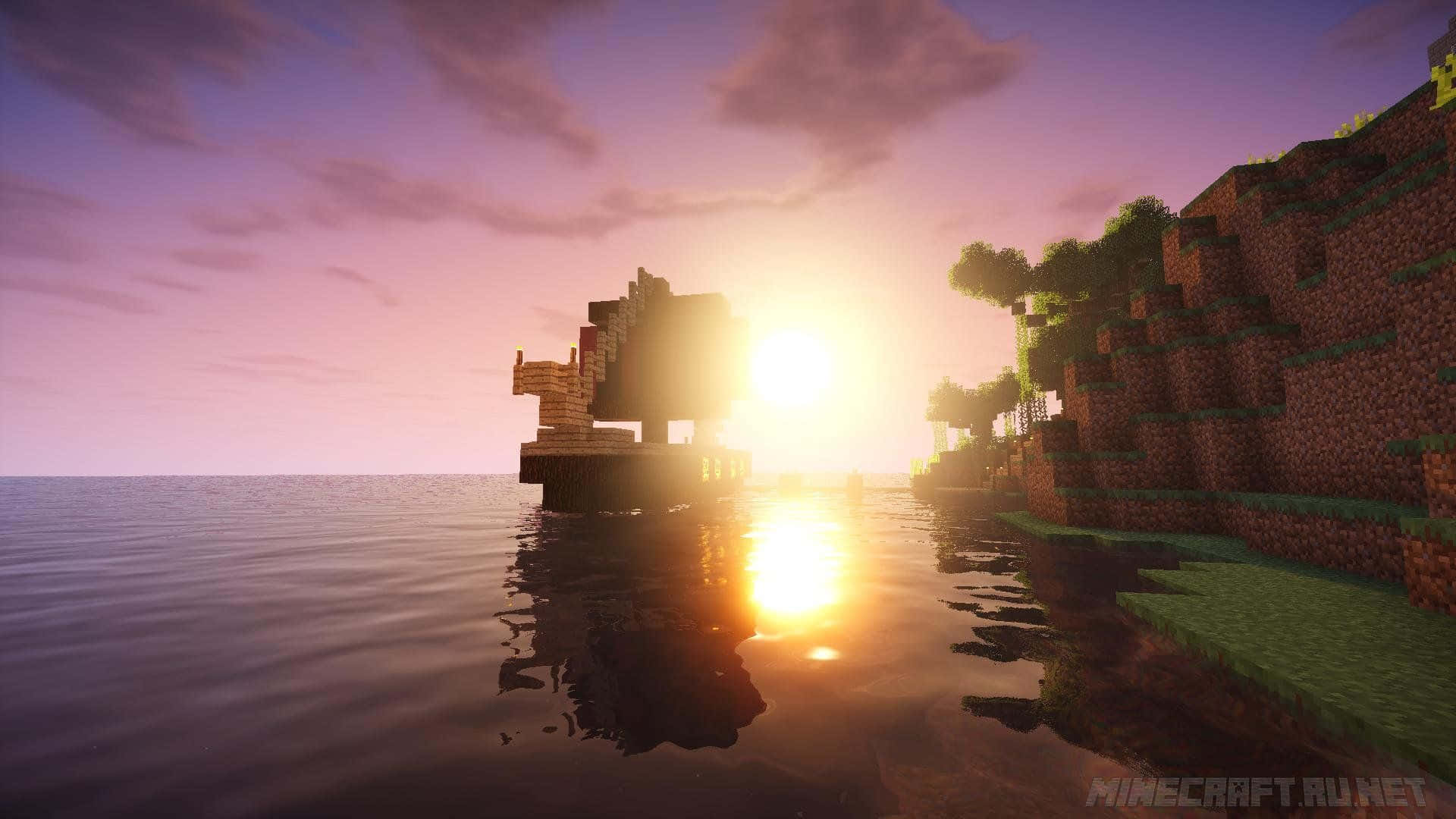 Minecraft 日落，木製碼頭和長滿草的懸崖倒映在平靜的水中。