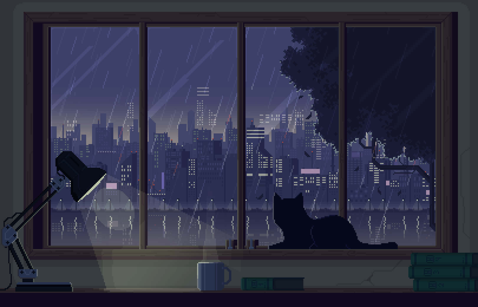 一隻像素藝術貓在窗台上觀看夜晚城市中的雨。