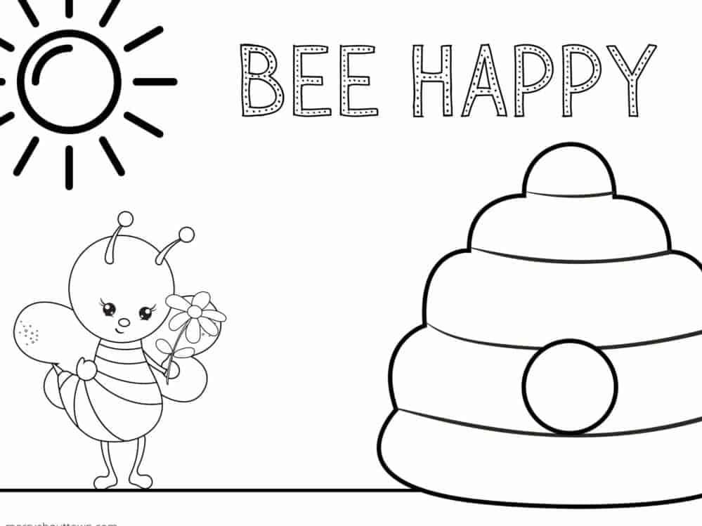 可愛的蜜蜂在太陽下拿著花靠近蜂巢，帶有 'BEE HAPPY' 文字。