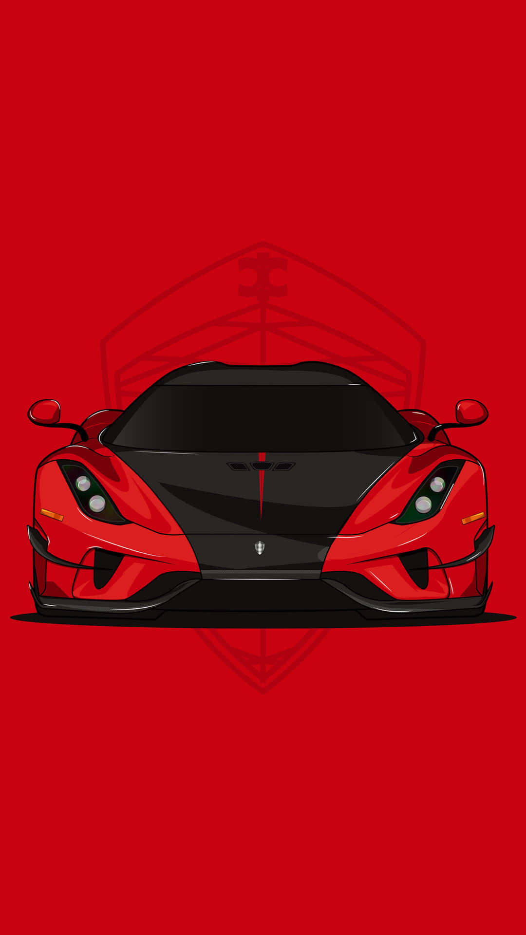 紅黑 Koenigsegg 超跑在純紅色背景上的正面視圖。