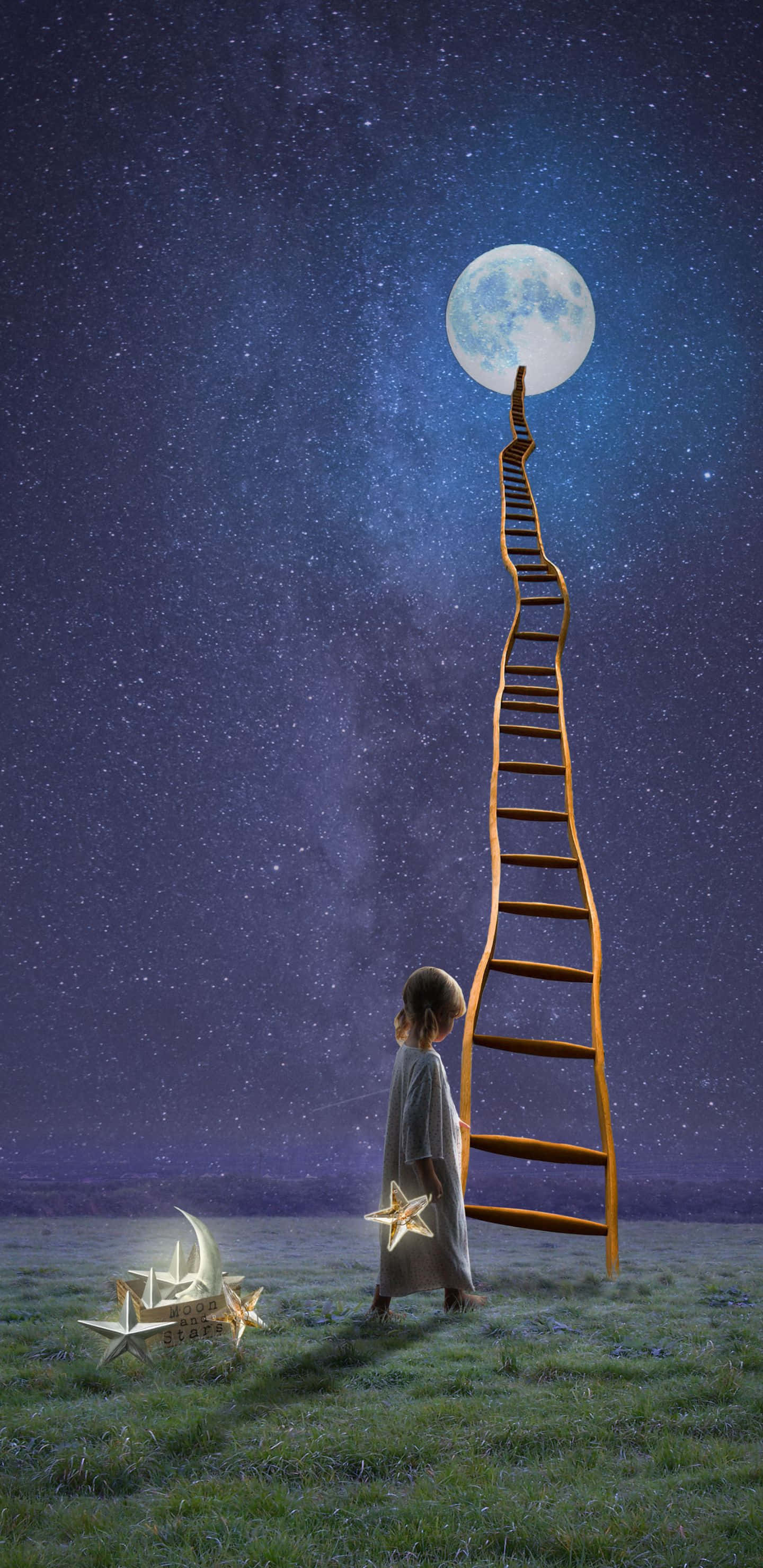 欣賞溫暖夏日的美景 壁紙 — 一個孩子站在草地上，手持一顆發光的星星，在廣闊的星空下，一把木梯子升起觸碰滿月。