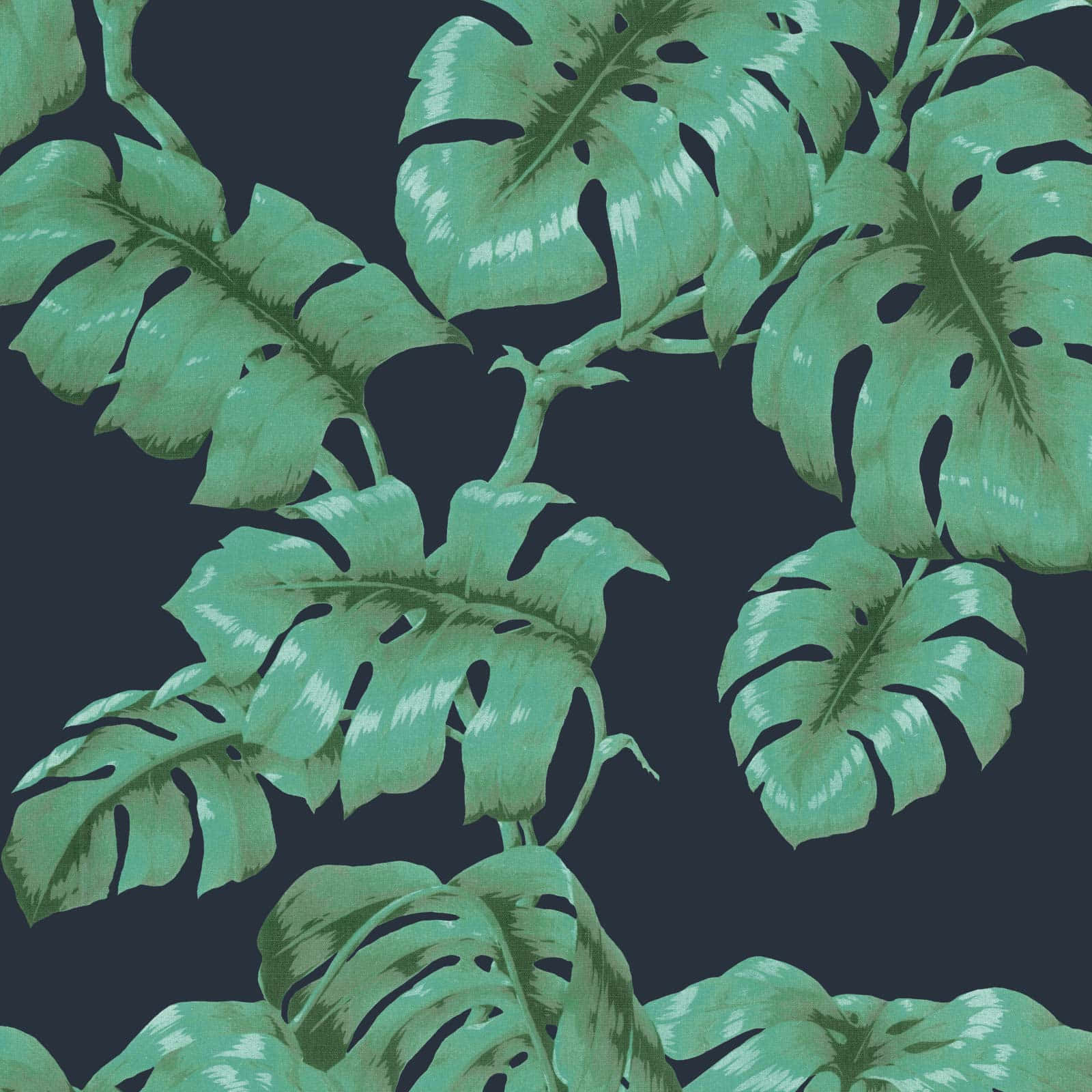 深海軍藍背景上重複圖案中的青綠色龜背竹葉。