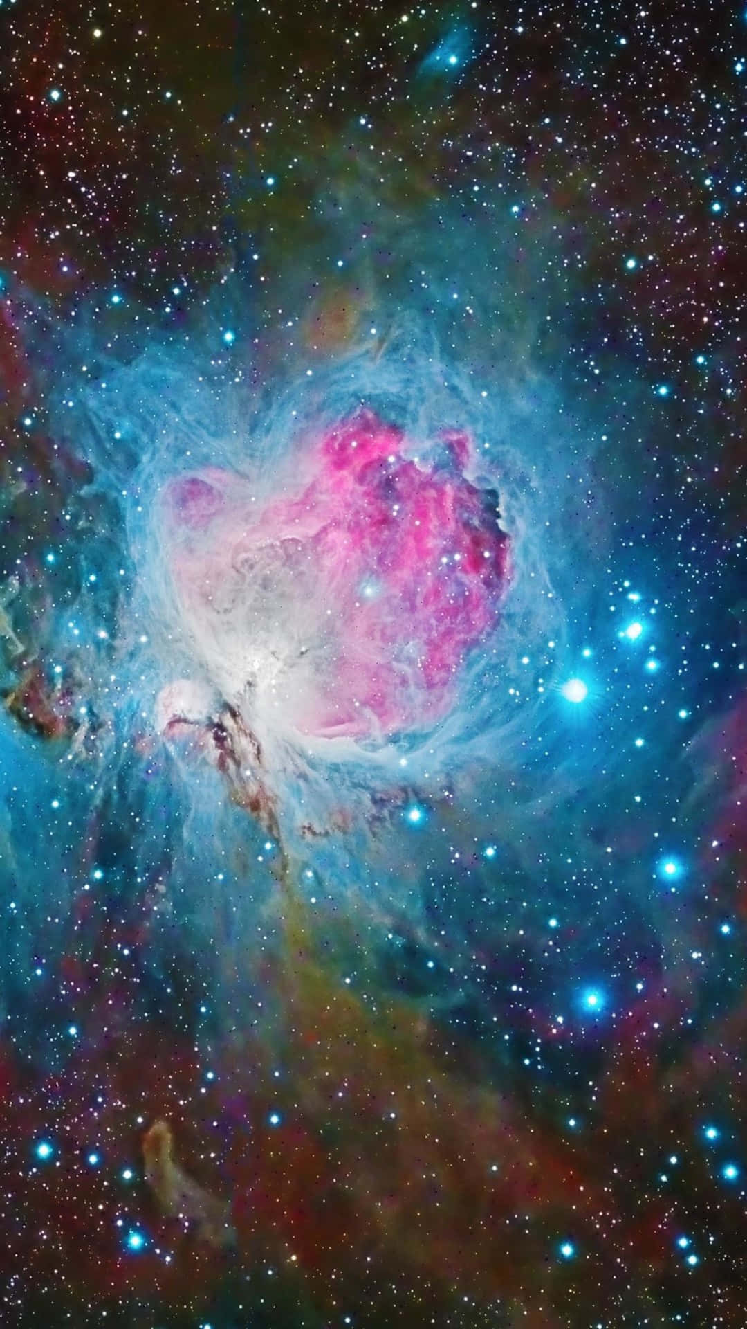 在深空中閃耀著星星的充滿活力的粉紅色和藍色星雲。