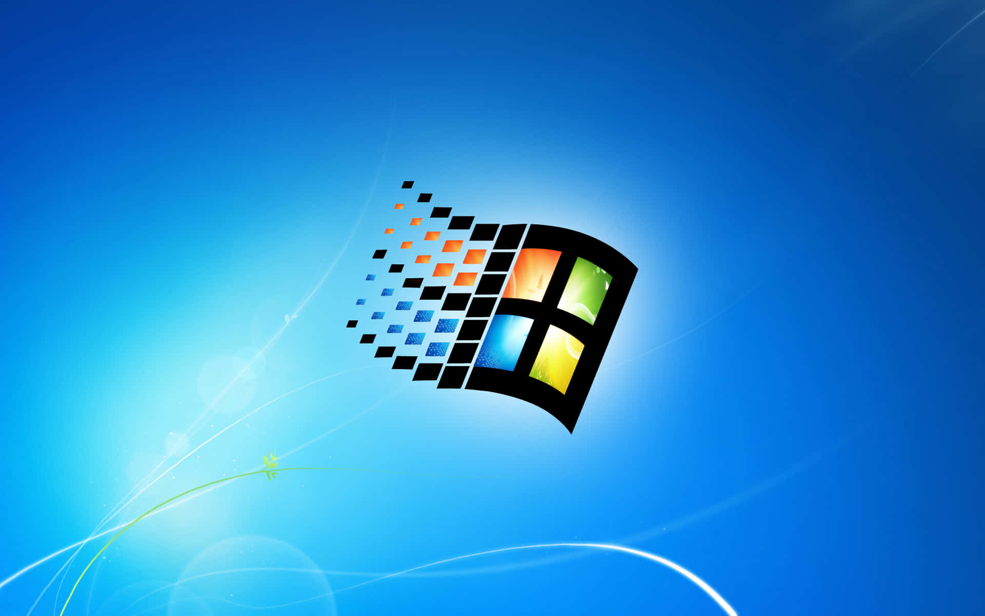 欣賞生動的 Windows 預設背景 壁紙 — Windows 標誌，帶有彩色窗格和像素化軌跡，背景為漸變藍色，帶有光條。