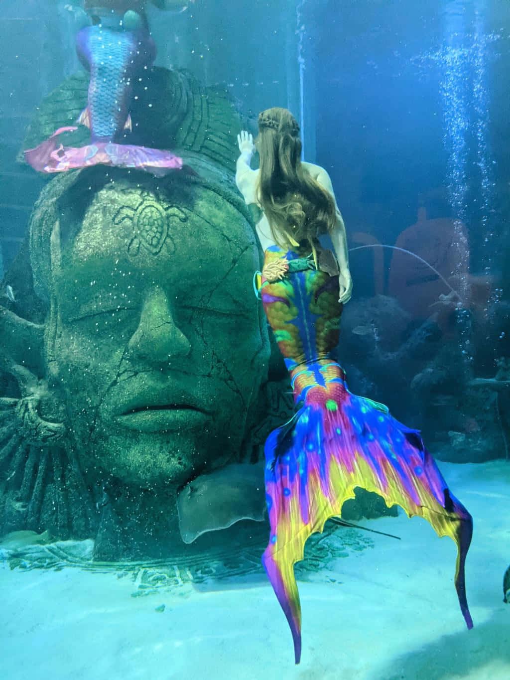 彩虹尾巴美人魚在水族館中游過巨大石頭頭像旁邊。