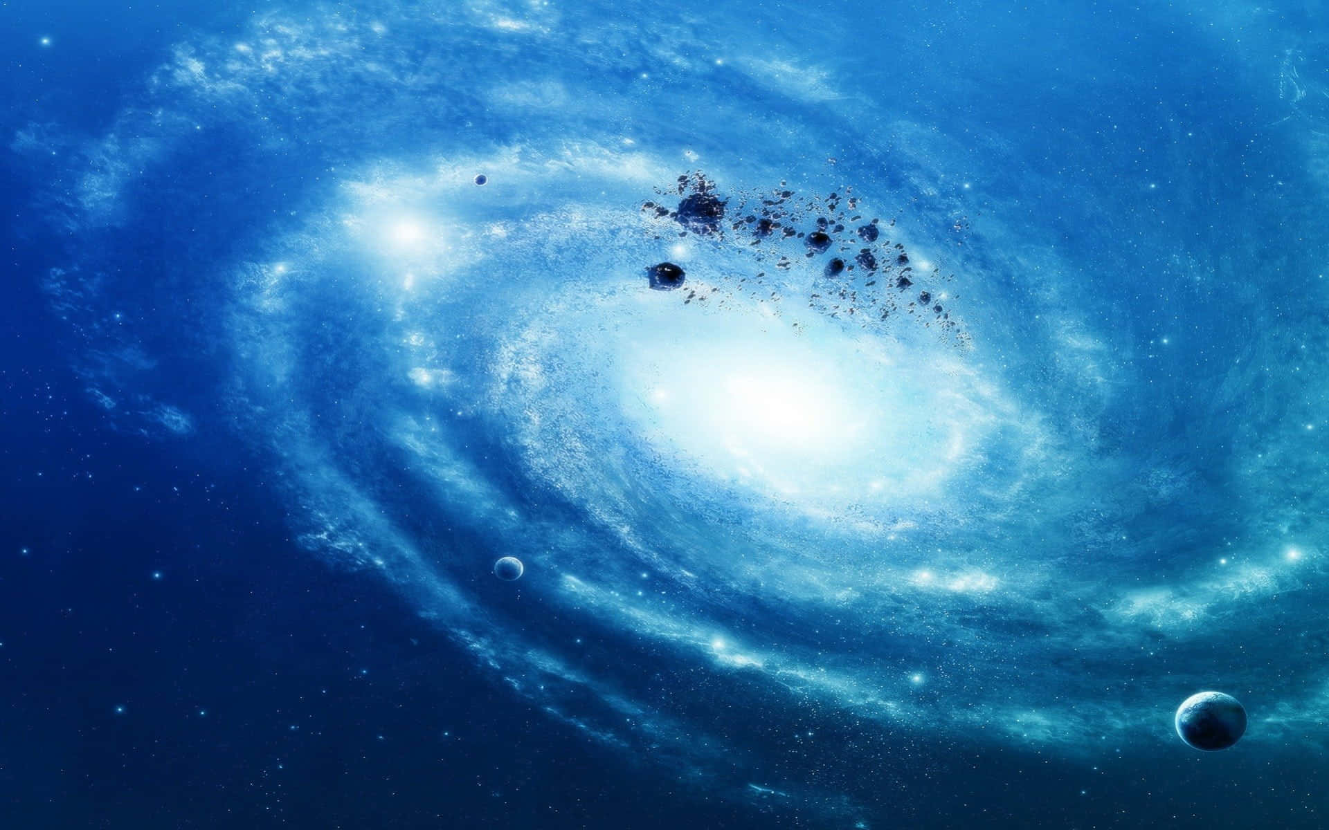 一個藍色的螺旋星系，星星和行星漂浮在太空中。
