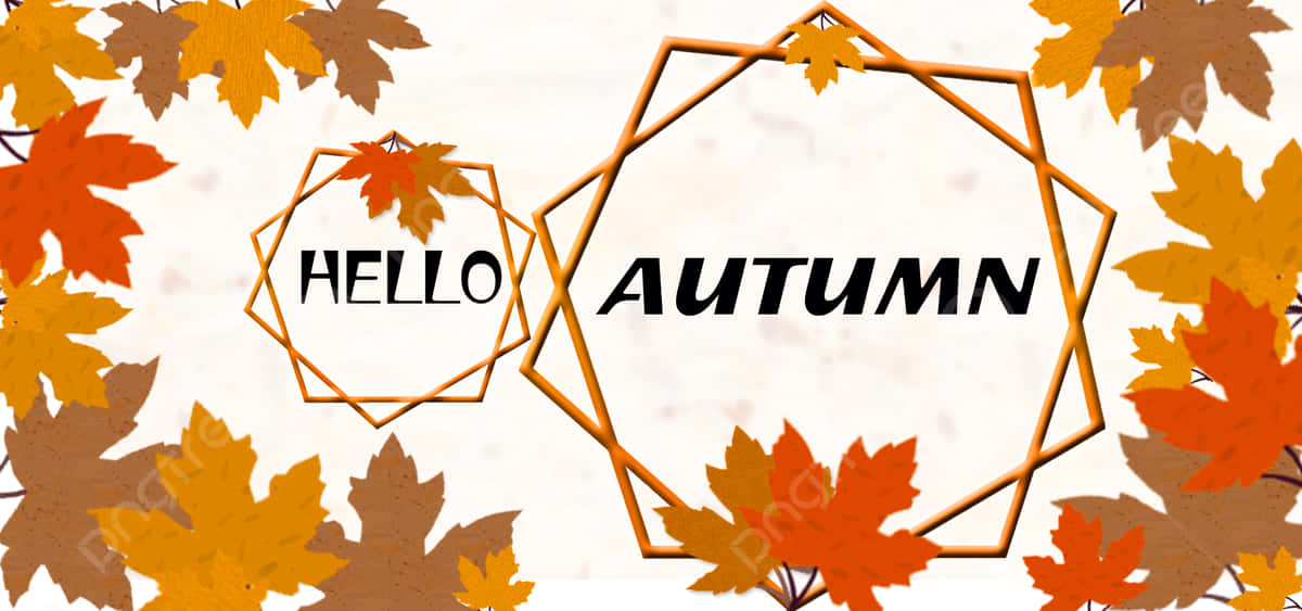 秋葉圍繞著金色幾何形狀和 hello autumn 文字。