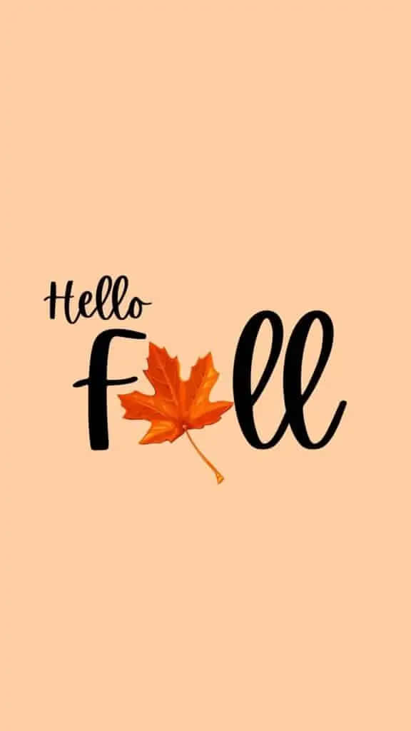 Hello Fall 文字，橙色楓葉取代 O，置於蜜桃色背景上
