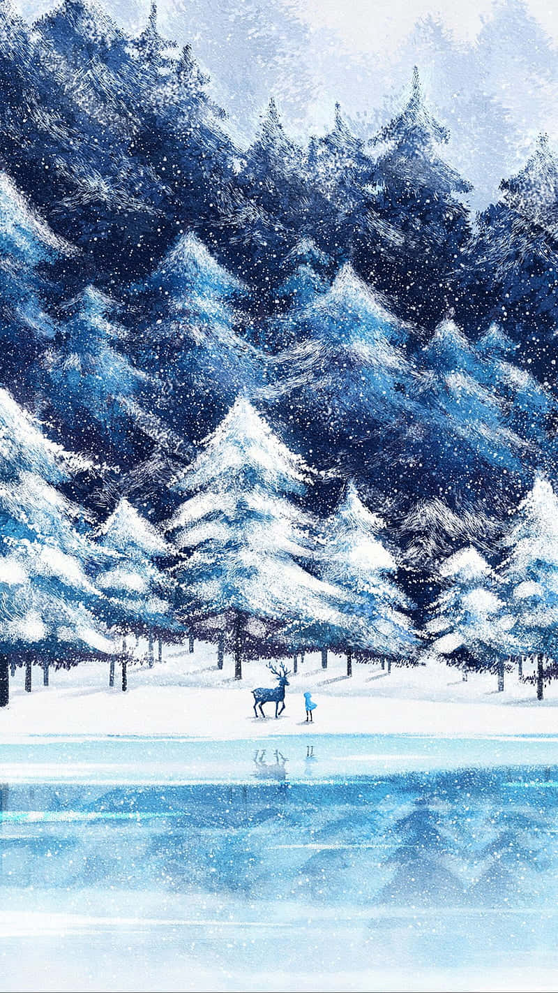 孩子和鹿在結冰的湖邊，雪森林中