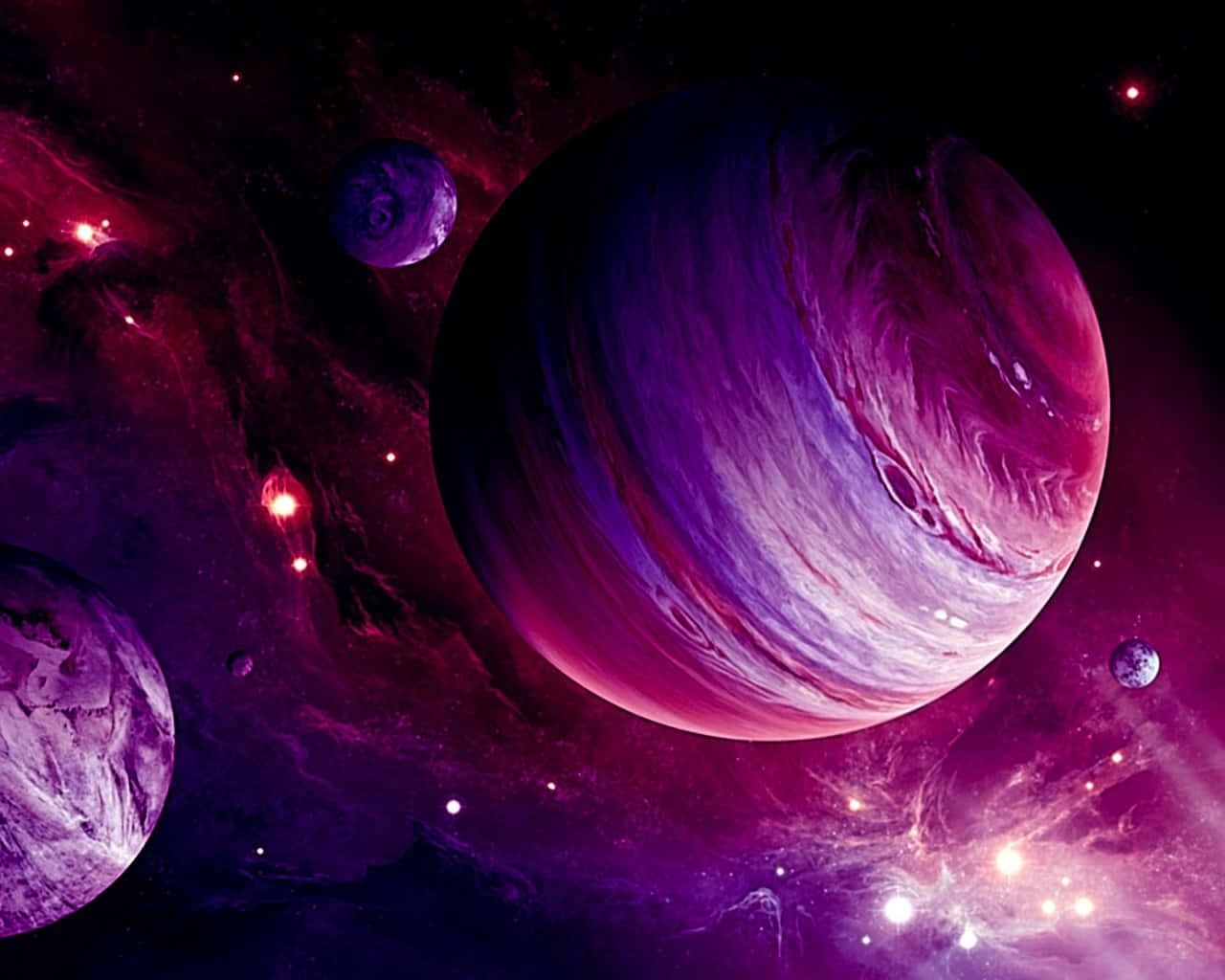 充滿活力的紫色和粉紅色行星，位於星光燦爛的宇宙星雲中，伴有發光的恆星。