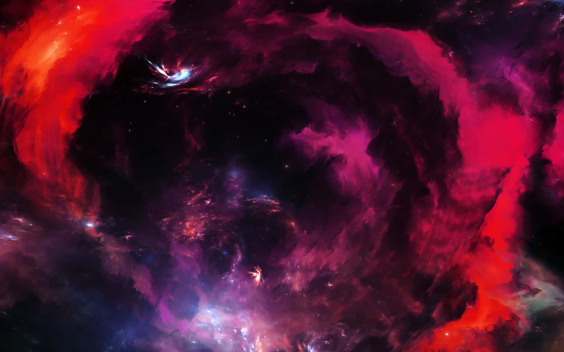 在黑暗背景下，一個旋轉的宇宙星雲，帶有火紅、紫色和發光的星星。