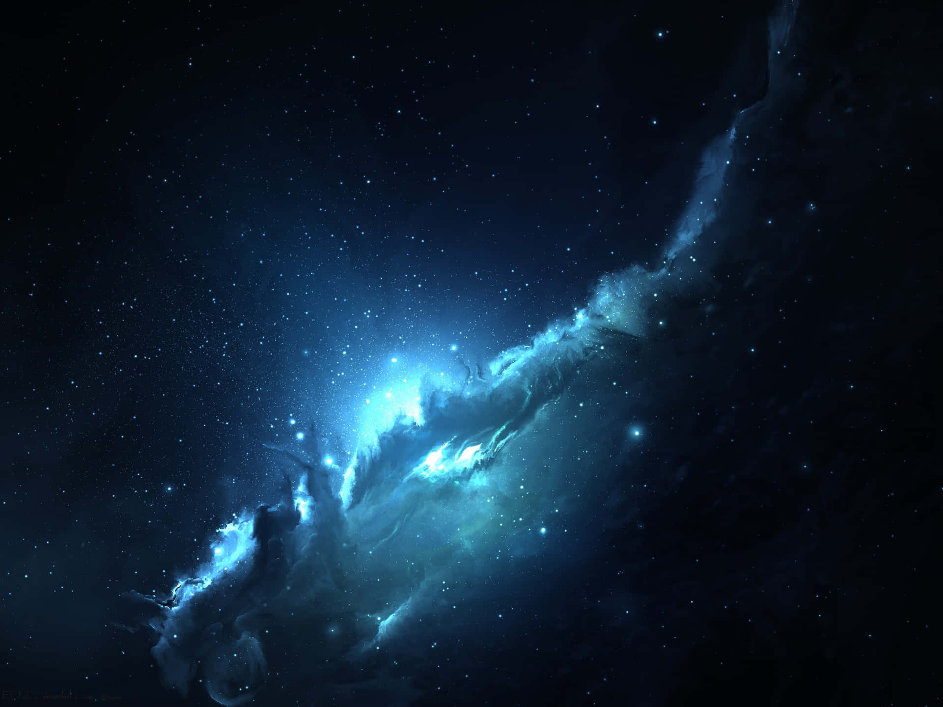 一個發光的藍色星雲，在深邃的太空中伴隨著星星。