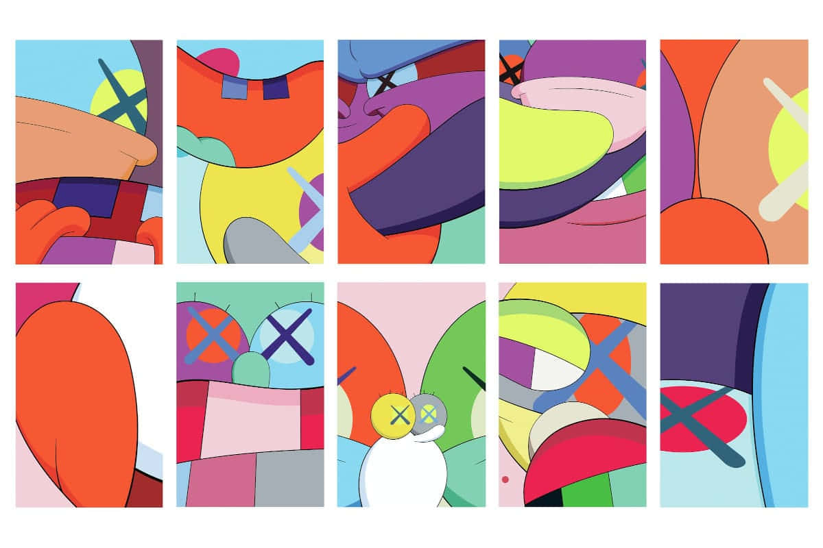 欣賞美國藝術家 KAWS 的生動藝術表現 壁紙 — 充滿活力的抽象插圖，採用大膽色彩和帶有 X 標記的眼睛，以網格佈局呈現。