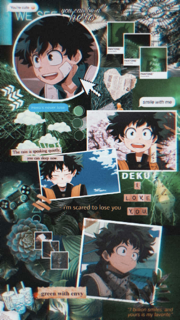 欣賞美景！ 壁紙 — 以紋理背景拼貼出 Deku 動畫面板、綠色 Pantone 色板及手寫語錄。