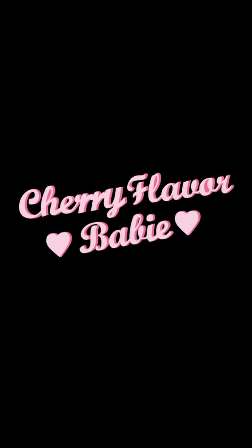 粉紅色草書文字 Cherry Flavor Babie 配上心形圖案，黑色背景