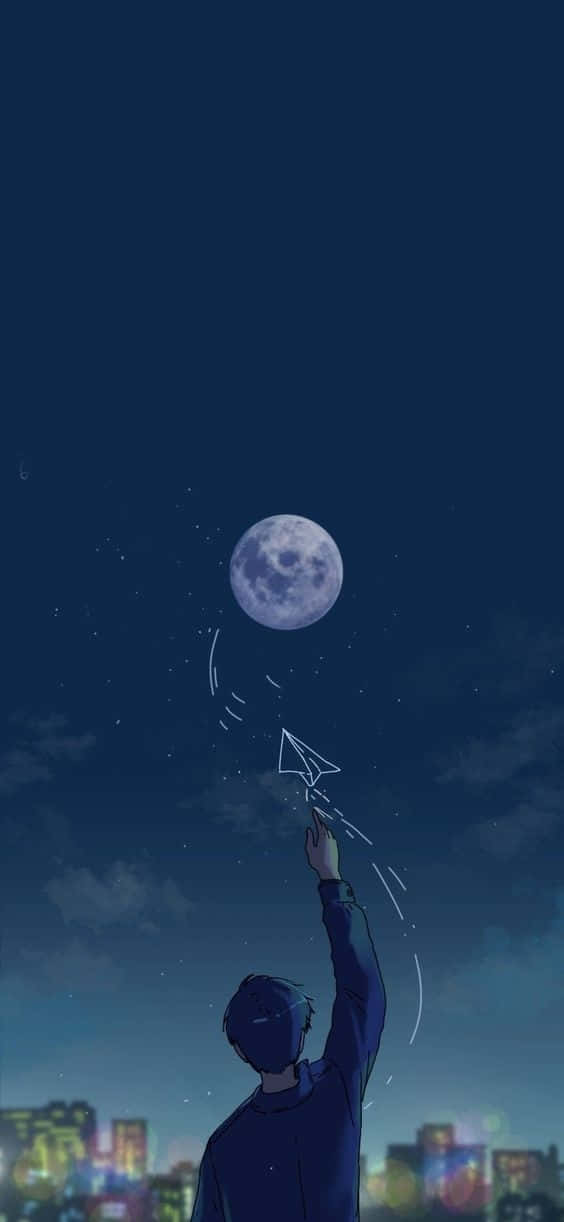 夜晚城市天際線上，一個人向月亮發射紙飛機