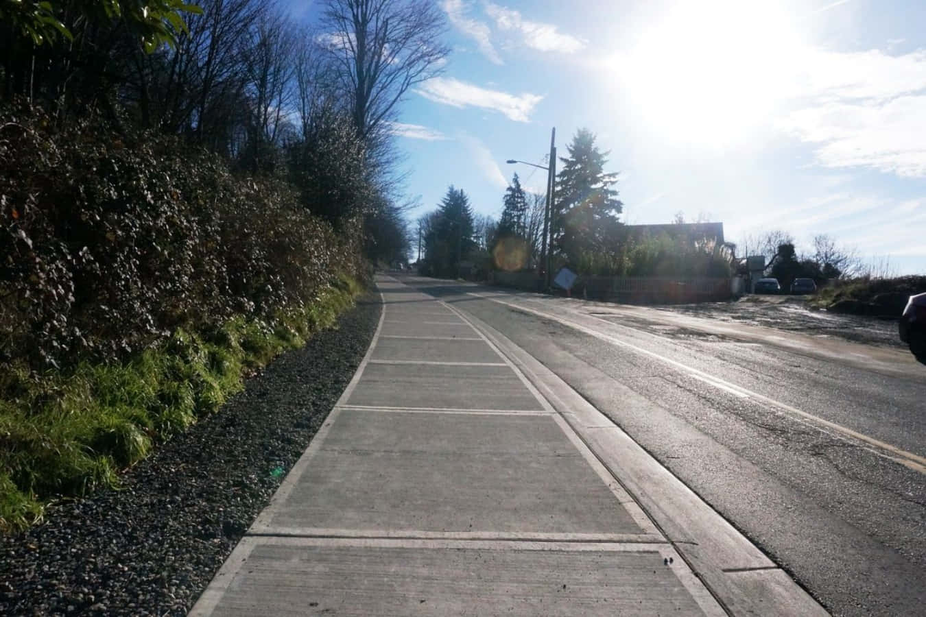 欣賞自然風景 - 漫步小徑 壁紙 — 一條陽光普照的瀝青道路蜿蜒穿過樹林地區，設有人行道和碎石路肩，上方是明亮的藍天。