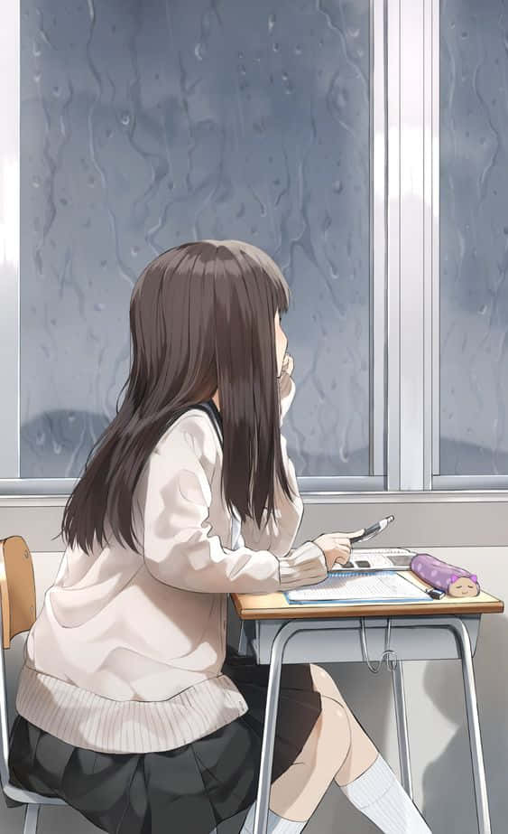 穿校服的女孩在雨水窗邊的書桌寫字
